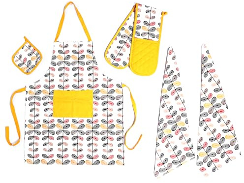 Olivia Rocco Kitchen Sets Apron Double Oven Gloves Towel Set Heat Resistant Oven Mitts Pot Holder for Home Kitchen Baking and Cooking Pack of 5, Leaf Multi