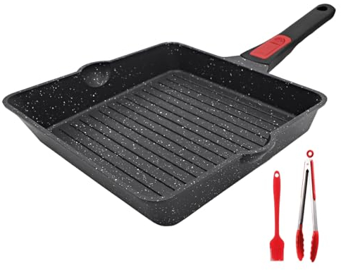 AIKENBBKK Padella Grigliate 24x 24 cm con Manico Rimovibile, Bistecchiera In Alluminio con Rivestimento Antiaderente, Lavastoviglie& forno sicuro(Nero)