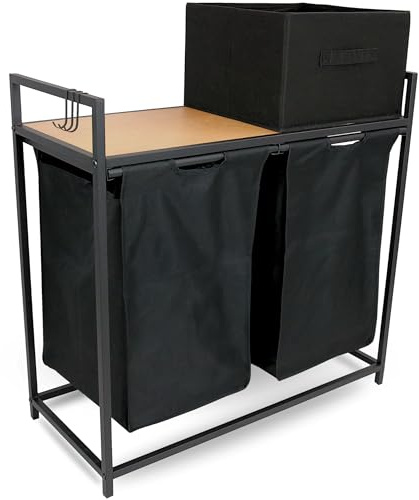 holz4home® Wäschekorb 2 Fächer Natur Geölt I Mit Ablage & Wäschebox ausziehbar I Wäschebox Badezimmer I Wäschesack aus Oxford-Gewebe 92 L
