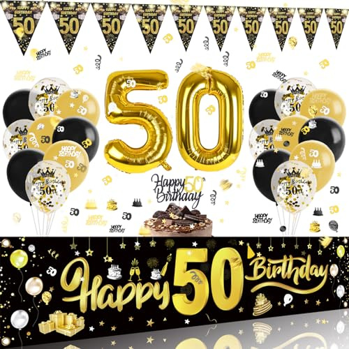 GoldRock Luftballons 50 Geburtstag Mann Frau Deko mit Lichterkette, Konfetti 50 Geburtstag Deko,Deko 50. Geburtstage Girlande,50 Geburtstage Tortendeko,50. Geburtstags Deko Banner,50er Geburtstagsdeko