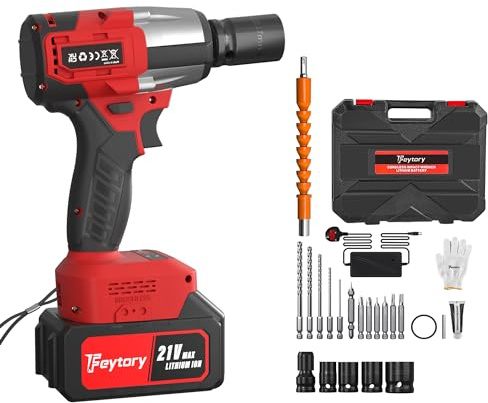 21V Cordless Impact Wrench 1/2 inch, Impact Gun Brushless High Torque Wrench Kit 550N.m, Battery Impact Driver with Fast Charger LED Light 4 Sockets & 12 Drill Accessories - Red
