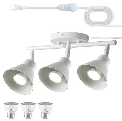 vivihobb 3 Light Plug in Track Lighting Kit,Modern Plug in Ceiling Light Fixture,14.7ft Cord,Timer & Dimming Switch,3 Way Ceiling Spot Lighting,Flexibly Rotatable Light Head (White)