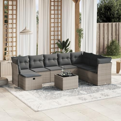 THOYTOUI 9-TLG. Garten-Sofagarnitur, Terrassenmöbel Balkon Lounge Garten Bar Set Gartengarnitur Set Geeignet für Terrasse Veranda Garten Balkon mit Kissen Grau Poly Rattan