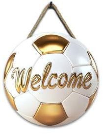 Soccer Weclome Wooden Door Sign(12''x12''),Rustic Basketball Sports Round Wooden Hanging Sign Plaque Door Hanger Wall Decor Indoor Outdoor