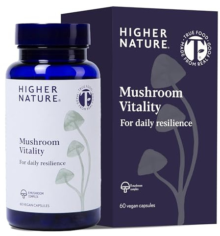 Higher Nature Mushroom Vitality - True Food® Formula - 60 Capsules | Mushroom Complex for Daily Resilience, 8 Extracts Including Lion's Mane, Reishi, Shiitake, Immunity, Energy & Vitality