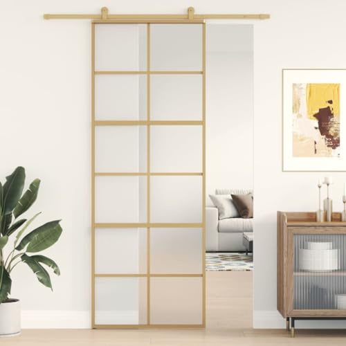 IKAYAA Puerta Corredera 76 x 205 cm de Aluminio y Vidrio Puertas Interior Cristal Puerta Corredera Interior para Sala de Estar Salón Oficina, Dorado y Mate Type-1