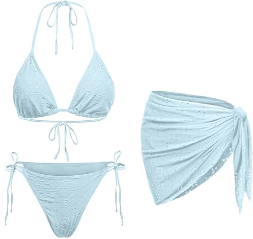 Light Blue Women 3 Piece Swimsuits - Sexy Triangle Bikini Sets with Cover Up Halter String Tie Side Bathing Suits S