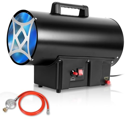 Monucep 10 kW Gasheizgebläse Gasheizer, Gasheizstrahler inkl. Gasschlauch & Druckminderer, 320 m³/h Luftvolumenstrom Heizkanone Heißluftgenerator mit Piezozündung, Überhitzungsschutz
