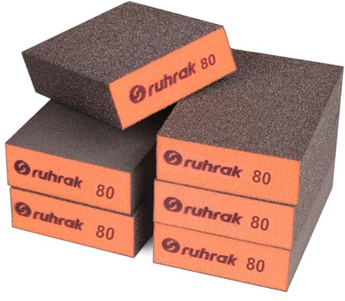 Sruhrak Blocco Abrasivo 12 Pezzi Spugne Abrasive Dure, Grana 80 Tamponi Abrasivi Riutilizzabili Bagnati e Asciutti per Legno, Plastica, Cartongesso e Metallo Polis