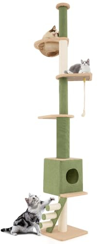 COSTWAY Kratzbaum deckenhoch, 218-253 cm, von Boden bis Decke, 5-stöckiger Katzenbaum mit Katzenhöhle, Raumkapsel, Kratzleiter, Kratzsäulen & Seil, Katzenkratzbaum hoch, Katzen Katzenmöbel Holz, Grün