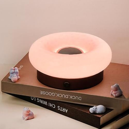 LOGT LED Glas Tischlampe Akku Donut Nachttischlampe | Aufladbar Holz Rund Donut Light Modern Dekorative Beleuchtung Nachtlampe Batteriebetriebene Lampe