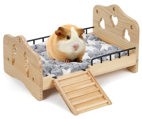JAZUIHA Meerschweinchen Bett mit Treppe für Kleintiere, Naturholz 41x28cm | Holzbett inkl. waschbare Matte für Meerschweinchen, Kaninchen, Chinchillas & Hamster, Schlafplatz für alle Jahreszeiten