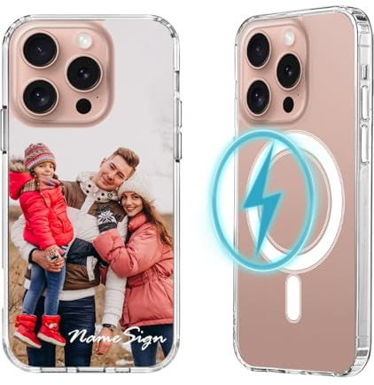 Transparente Schutzhülle für Apple iPhone 16, 15, 14, 13, 12, 11 Pro Max, Pro, Plus, Mini, 5G, kompatibel mit Magsafe, personalisiertes Namenslogo, Foto, magnetische Handyhülle, individuelles Design