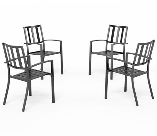 PHI VILLA Gartenstühle Set Metall, Terrasse, Stapelbar, Schwarz, 4 Stück | Rostbeständig E-beschichtet Terrassenstühle, Mit Armlehnen, 136 kg Tragkraft, Platzsparend Stapelbar