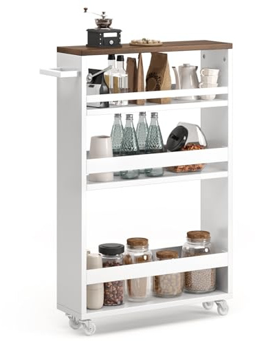 Xbro Nischenregal mit 3 Ebenen, 15 cm Breit Nischenwagen, Küchenwagen mit Rollen, Nischenregal für Küche, Wohnzimmer, Waschküche und Bad, 50x15x80 cm, Weiß