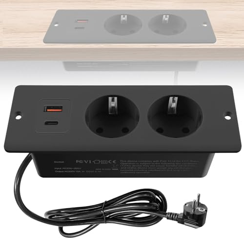 GOEDCH Inbyggt uttag: Inbyggt uttagsblock med 2 USB-A och Typ-C PD20W, inbyggd grenuttag 2 uttag för skrivbord eller bänkskiva, kabel 1,5 m (svart)