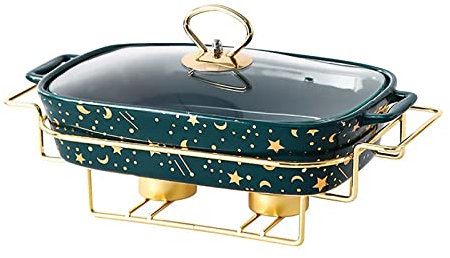 Ceramics Full Size Chafing Dish Buffet Set, Chafing rettangolari per Catering, Chafing Dish Set con Porta combustibile, Chafing Server con coperchi in Vetro, Scaldavivande per Feste, Verde,