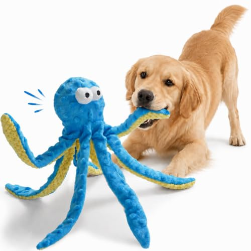 Nocciola Oktopus Hundespielzeug mit Quietscher - Strapazierfähiger Plüsch für Welpen, Erwachsene Hunde und alle Größen (klein, mittel, groß) - Oktopus Blau