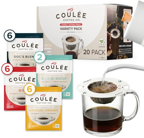 Coulée EcoPour Coffee Variety Pack, Single Serve Pour Over Coffee, Use for Camping or Traveling, Pre Filled Compostable Filters, Ready to Brew with Hot Water, Includes 4 Flavors, 20 Pack