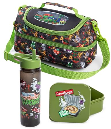 Teenage Mutant Ninja Turtles Green Lunch Bag, Lunch Box & Bottle Set | TMNT Character School Lunch Carrier | Zip-Up Design with Easy-Carry Handle | Cowabunga Cartoon Theme for Boys | Turtles Merch