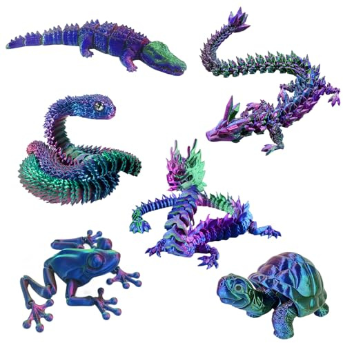 Kenmohuo 6PCS 3D Printed Animals, Joint Articulated 3D Printed Fidget Toys Animal Collectable for Adult Home and Office Decoration Gift (Blue Green Purple)