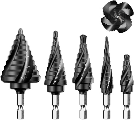 Baigao M35 Cobalt Steel Four Spiral Flute Step Drill Bit 5-Piece Set (50 Sizes) - Wear-Resistant TiAlN Coating, 1/4 Hex Shank, for Metal, Stainless Steel, Aluminum & Plastic