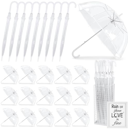 24 PCS Wedding Clear Umbrellas Bulk 47 Inch Transparent Windproof Dome Stick Umbrella Rain Bubble Umbrellas Iron Storage Basket Photo Frame for Graduation Prom Bridal Party Outdoor Events Supplies