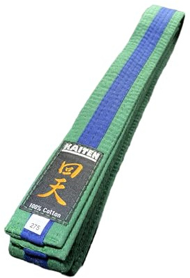 KAITEN Ceinture de karaté vert/bleu - Ceinture bicolore - Bande centrale - Largeur : 4 cm - Longueur : 230 à 325 cm, vert, 275 cm