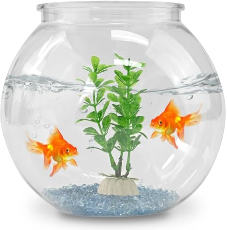 DARENYI Plastic Goldfish Fish Bowl Drum Round Crystal Clear Aquarium Fish Tank Starter Kits with 1 Artificial Aquatic Plant and 1 Bag Mini Ornamental Stones (0.72Gallon/ 2.75L)