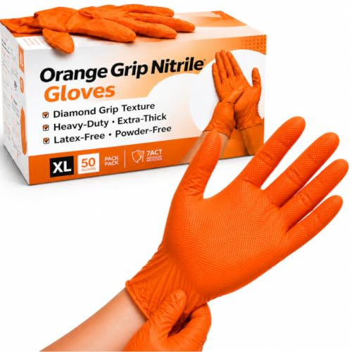 Ruiyang Nitrile Work Gloves Extra Large (50 Pack), Heavy-Duty Extra-Thick, Diamond Grip, Grip Non-Slip, Latex-Free, Powder-Free – Mechanics & Automotive Use (Orange, Extra Large Orange - 50 Gloves)