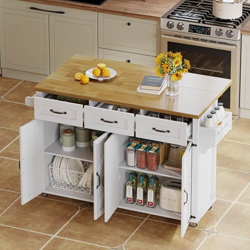 Goldicoo Isola Cucina Stile Fienile Bianco MDF 140x43x70x90,5cm | Piano di lavoro pieghevole, 5 ruote bloccabili, 4 porte, 3 cassetti
