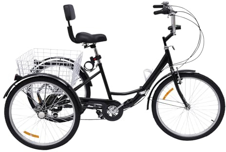 Gdetnysty 24 7 Gang Erwachsene Dreirad 3-Räder Fahrrad Tricycle Klappbar mit Korb & Lampe 24 Zoll Trike Mit Einkaufen Federung 3-Rad Kettenschaltung Stahl für Transport Lastenrad (Schwarz)