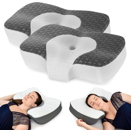 Elviros Pack de 2 Almohada Cervical Ortopédica de Espuma Viscoelastica, Almohada Ergonómica Extraíble para Dolor de Cuello y Hombros Almohada Antironquidos para Dormidores Laterales, Gris Oscuro | Almohada Ergonómica Extraíble para Dolor de Cuello y Hombros Almohada Antironquidos para Dormidores Laterales, Gris Oscuro