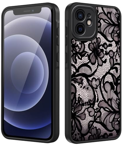 Tawarror Handyhülle für iPhone 12 mini Hülle, Matt Transluzente Aesthetic Lace Blumen Muster Schutzhülle PC Rückseite Kratzfest TPU Fallschutz Stoßfest Anti-Fingerabdruck Case, Schwarz