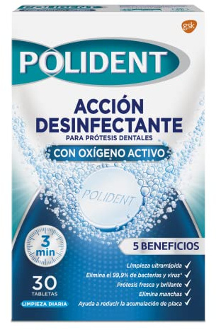 Polident Acción Desinfectante Con Oxígeno Activo, Tabletas Limpiadoras Para Prótesis Dentales, Limpieza Ultrarrápida , 30 Unidades