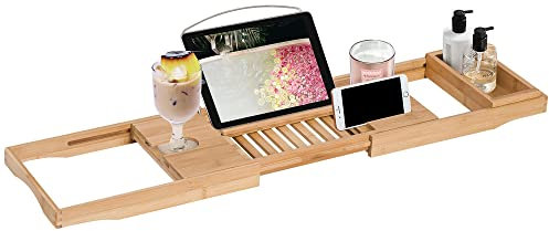 HOMCOM Extendable Bamboo Bathtub Shelf Rack Bath Caddy Tray Bathroom Storage