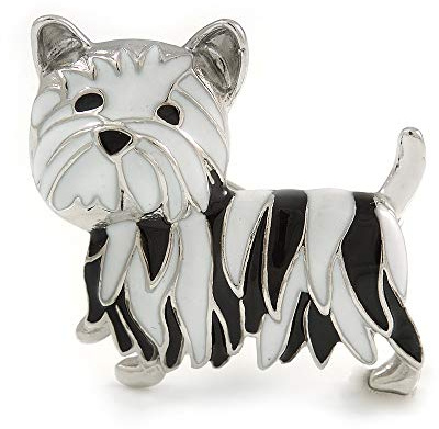 Broche en forme de chien Yorkshire en émail noir/blanc en métal argenté – 35 mm de diamètre, taille unique, émail, Pas de gemme