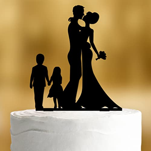 Cake Topper Brautpaar mit Kindern 2 [großer Junge, kleines Mädchen] - Acryl deko schwarz Hochzeitstorte Kuchen deko Hochzeit Tortendekoration Verlobung Tortendeko
