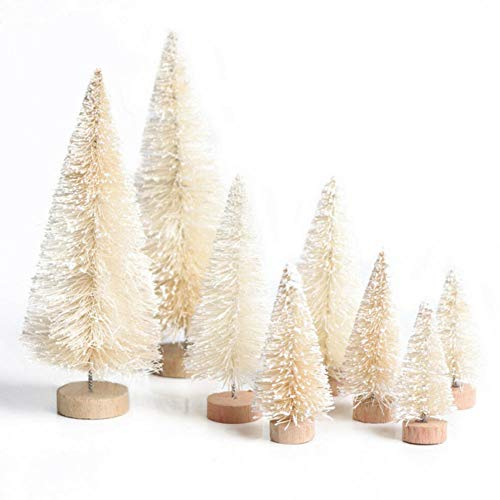 Brussel 8Pcs Mini Christmas Trees Snowy Mini Pine Tree Fake Trees with Wooden Base Xmas Party Ornament Tabletop Trees Holiday Decoration Beige