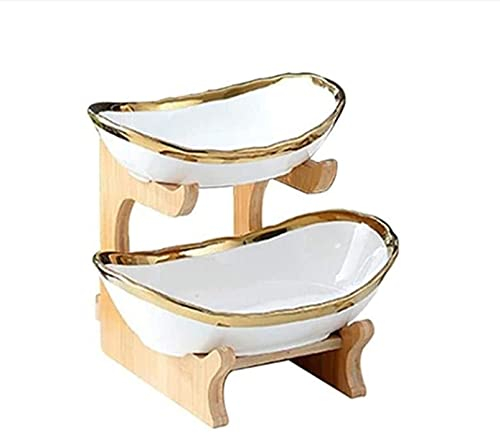 ZJYWMM Fruits of Etagere 2 Storey with Bamboo Frame Ceramic Fruit Bowl, Oval Fruit Basket Creative Worktop Decoration Snack Candy Plate Fruit Plate Fruit Basket Vegetables Candy Shelves,W