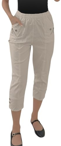 Crazy Fashion Ladies Capri Pantaloni a Tre Quarti Morbidi a 3/4 da Donna Pullover Corto Elasticizzato Pantaloncini in Vita Elasticizzati Plus Size Pantaloni Estivi da donnaEUR (Beige, 24)