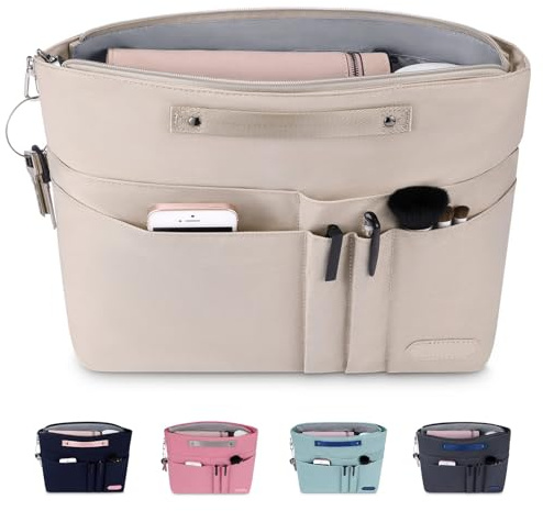 HyFanStr Organizador de Bolsos, Poliéster Organizador Bolso Shopper Bolsa Organizadora con Llavero, Bolso Interior con Cremallera Bolsillo Interno para Almacenar Cosméticos Documentos Beige XL