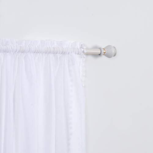 Elegant Comfort Halbtransparente Vorhänge mit Pompon-Quasten, mit 5 cm Stangendurchzug, unifarbene transparente Vorhänge für Wohnzimmer und Schlafzimmer, 152 x 213 cm, 2er-Set, Weiß