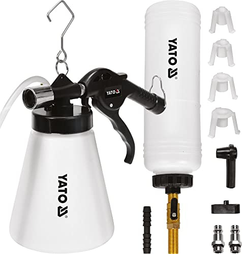 Yato Profi Druckluft Bremsenentlüftungsgerät, 1 Liter Nachfüllflasche, 4 Adapter (21-30, 24-32, 28-37, 32-41 mm), Bremsenentlüfter Entlüftungsgerät Bremsflüssigkeit Wechsel Bremsen Entlüfter Vakuum