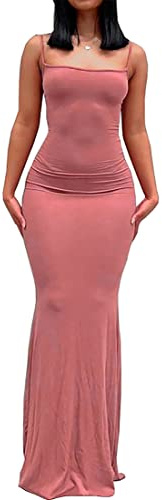 WINKEEY Sexy Maxi Robe Femme Robe Longue Moulante à Bretelles Robe d'été Slim Fit Casual Soirée Cocktail, Rose S
