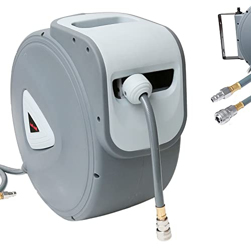Izrielar Enrollador automático de manguera de aire comprimido de 30 + 2 m, enrollado automático, 180 °, bloqueo de cualquier longitud, tambor de manguera de aire comprimido para montaje en pared