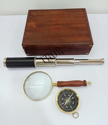 Maritimes Navigationsset aus Messing, Teleskop, Kompass und Lupe, braunes Holzkasten-Set mit funktionierendem Kompass, Valentinstagsgeschenk, einzigartiges Vintage-Weihnachten