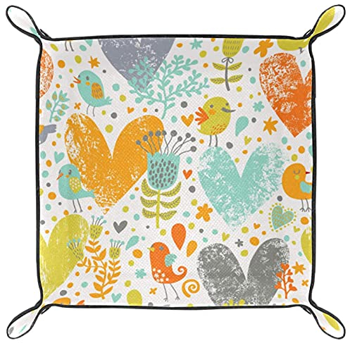 Leder-Valet-Tablett, Schlüssel- und Schmucktablett,Blumenvögel Nettes gelbes Herz,Schreibtisch-Organizer,Kommode,Tablett,Aufbewahrungsbox für Tisch