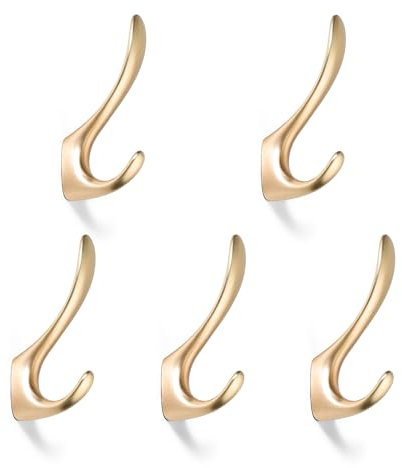 SARIHOSY Lot de 5 crochets de porte à visser pour peignoirs, doubles crochets en laiton doré à fixation murale en laiton brossé sur bois, crochet serviette salle de bain