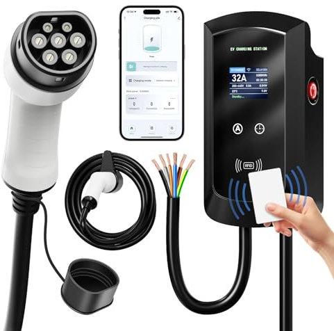 AFYEEV EV Ladegerät Typ 2, 22kW 8-32A 3-Phasen 5M, Typ 2 Ladekabel, Ladekabel Typ 2 mit RFID Karte/APP/WiFi/Bluetooth, EU-Norm IEC 62196-2